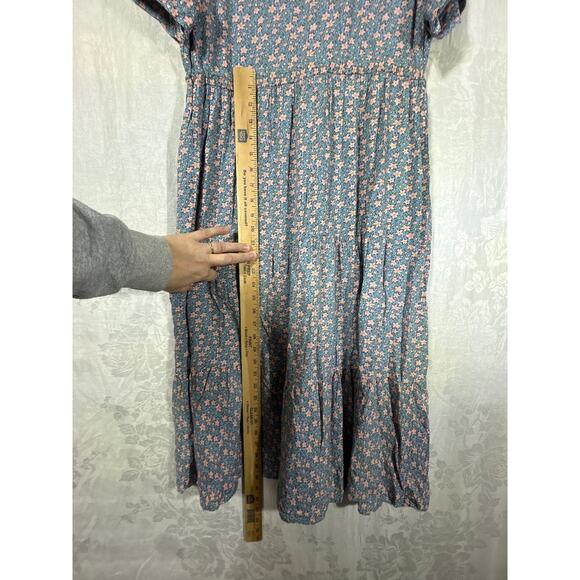 Handmade Dress Medium Blue Pink Floral Faux Wrap Tiered Ruffle Cottage Core - Picture 12 of 12